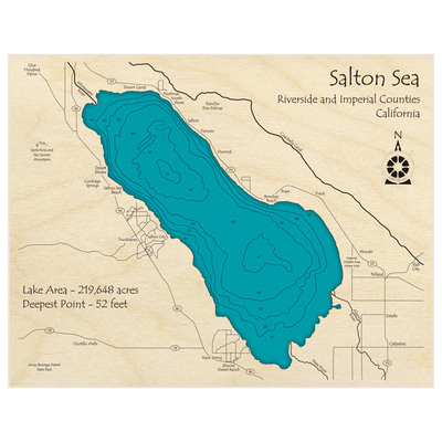 Bathymetric topo map of Salton Sea with roads, towns and depths noted in blue water