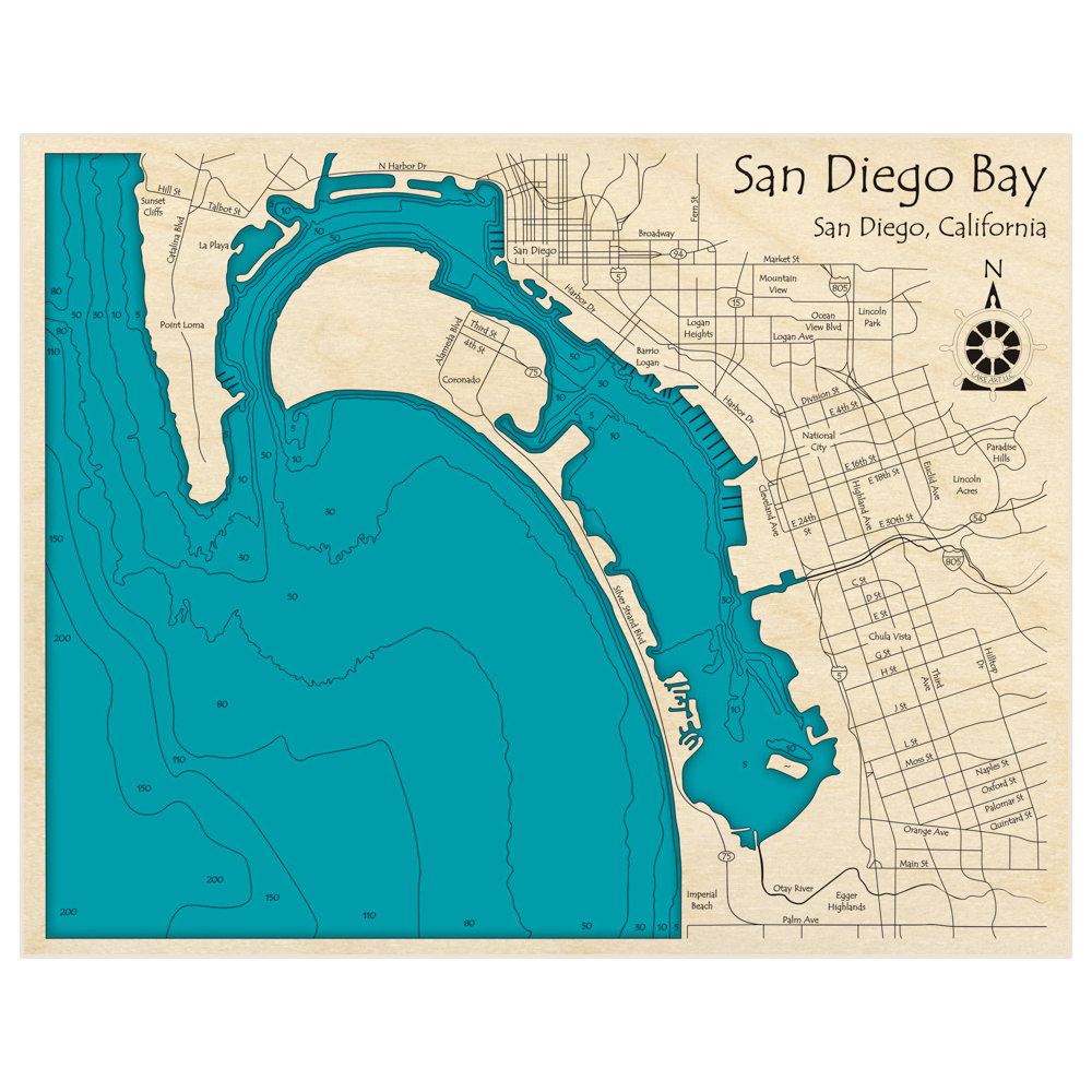 Bathymetric topo map of San Diego Bay with roads, towns and depths noted in blue water