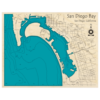 Bathymetric topo map of San Diego Bay with roads, towns and depths noted in blue water