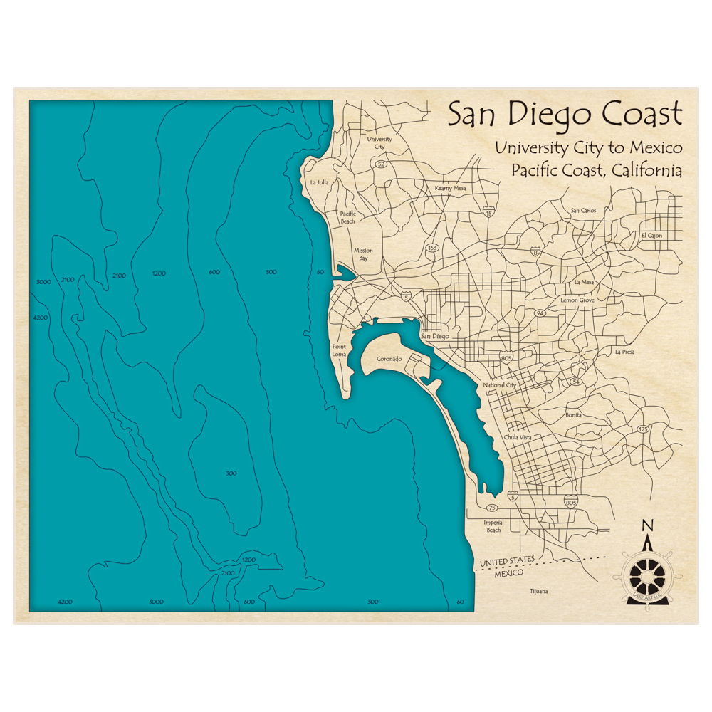 Bathymetric topo map of San Diego Region (University City to Mexico Border) with roads, towns and depths noted in blue water