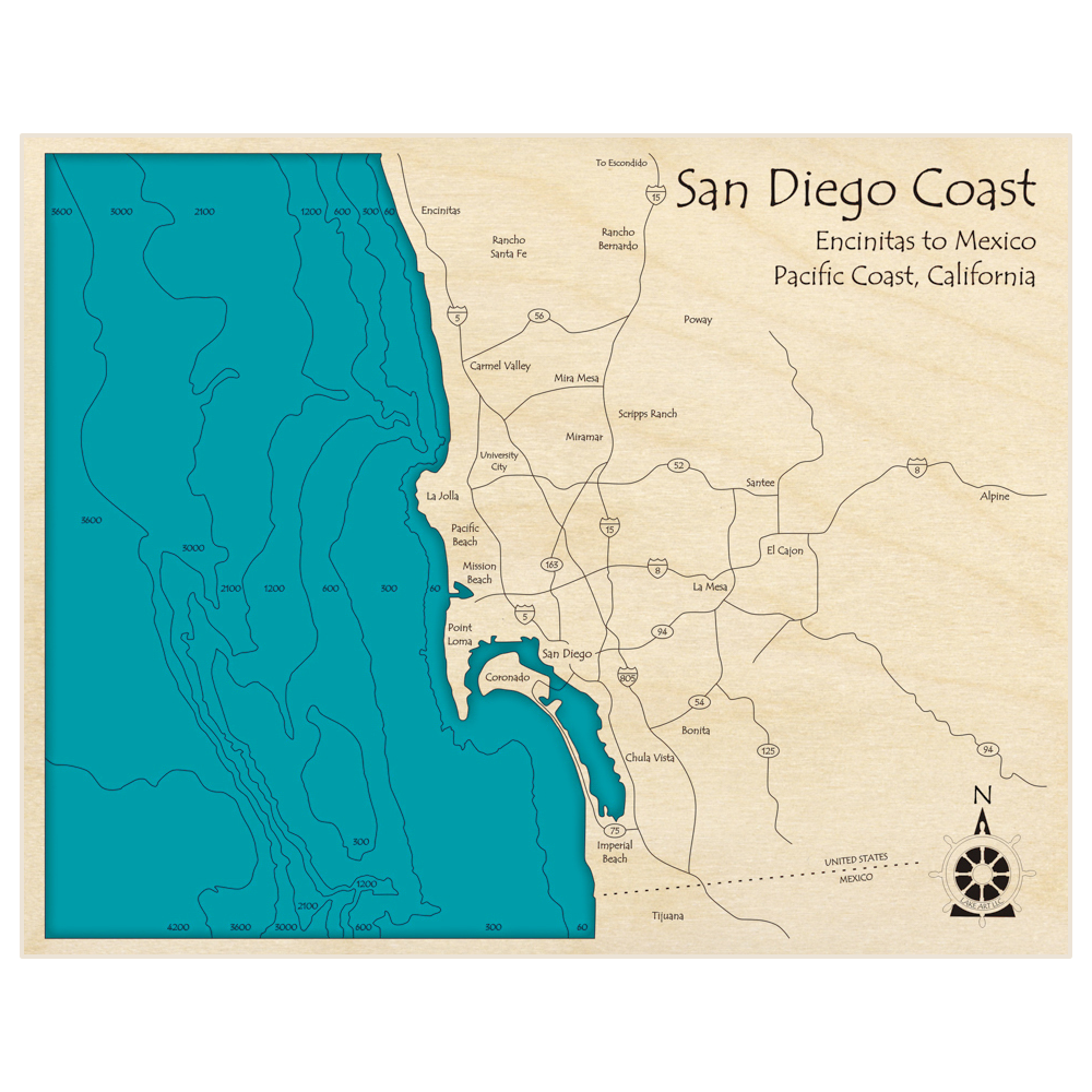 Bathymetric topo map of San Diego Coast with roads, towns and depths noted in blue water
