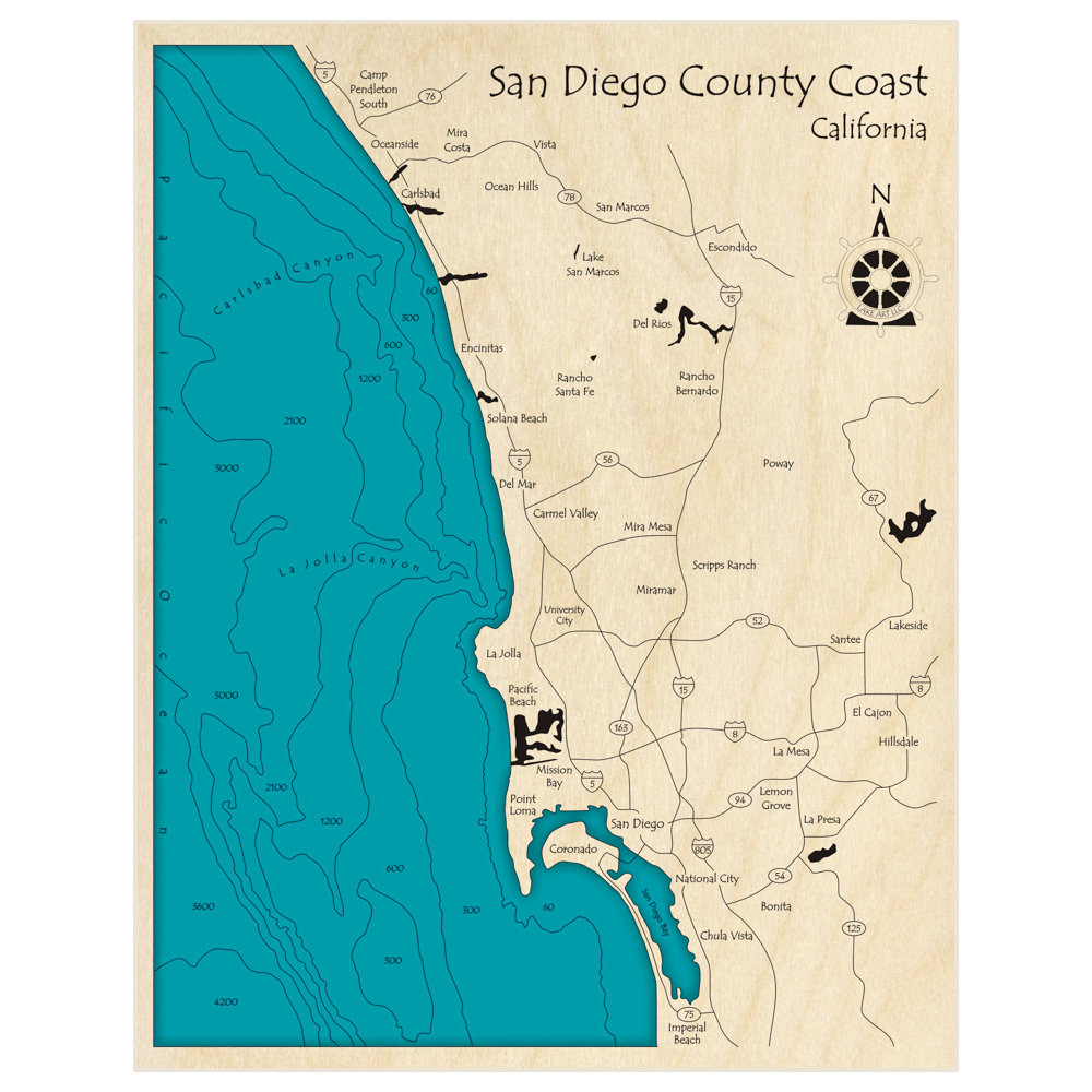 Bathymetric topo map of San Diego County Coast (Camp Pendleton South to Imperial Beach) with roads, towns and depths noted in blue water