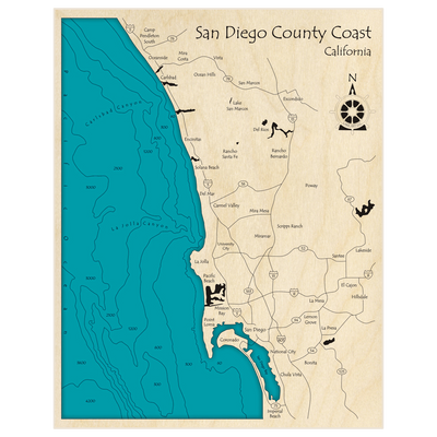 Bathymetric topo map of San Diego County Coast (Camp Pendleton South to Imperial Beach) with roads, towns and depths noted in blue water