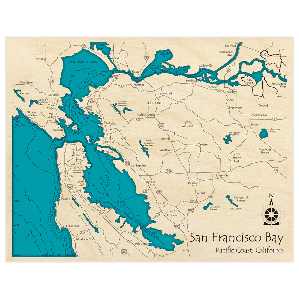 Bathymetric topo map of San Francisco Bay (Landscape Orientation) with roads, towns and depths noted in blue water