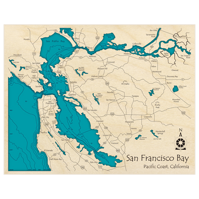 Bathymetric topo map of San Francisco Bay (Landscape Orientation) with roads, towns and depths noted in blue water