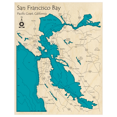Bathymetric topo map of San Francisco Bay (Portrait Orientation) with roads, towns and depths noted in blue water