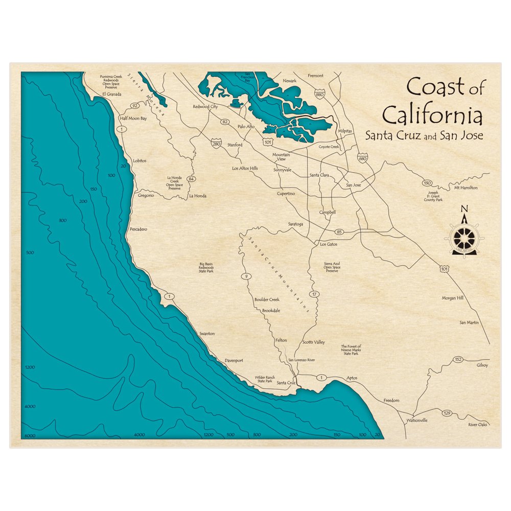 Bathymetric topo map of Coast of California (Santa Cruz and San Jose) with roads, towns and depths noted in blue water