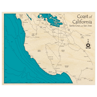 Bathymetric topo map of Coast of California (Santa Cruz and San Jose) with roads, towns and depths noted in blue water