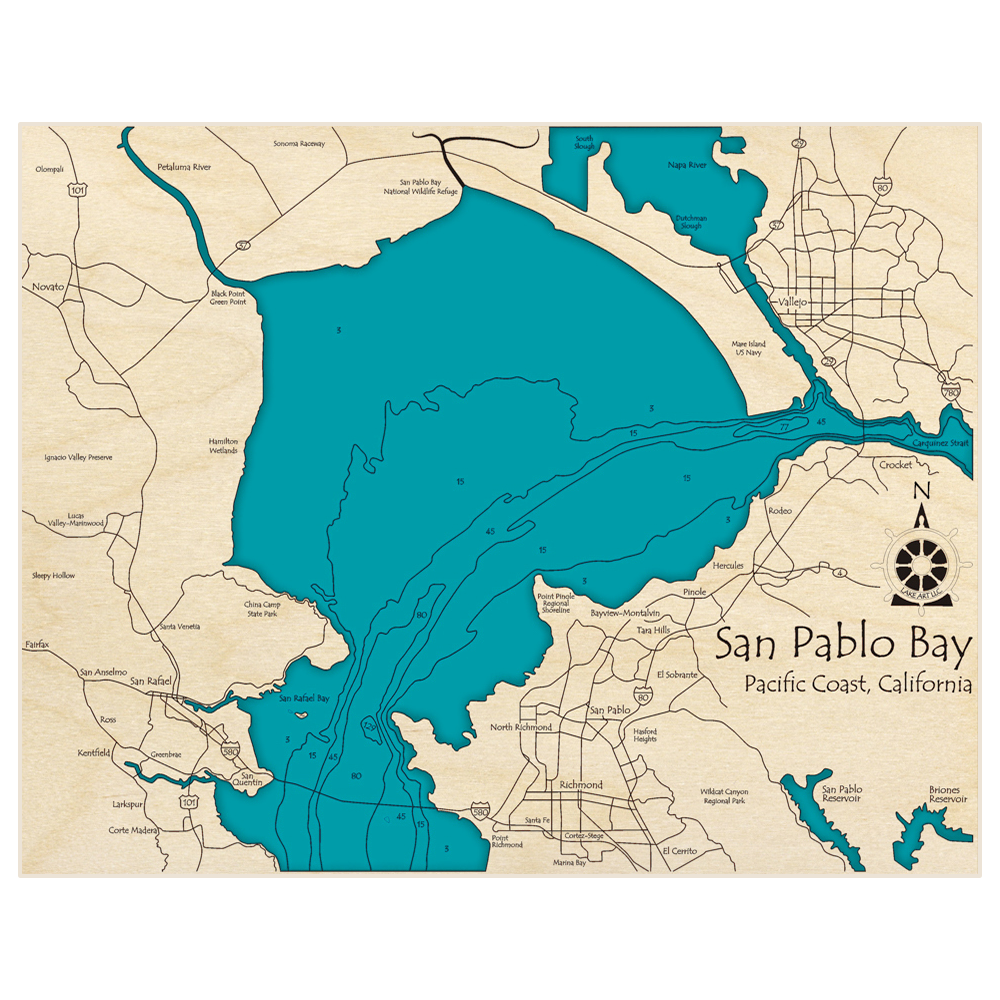 Bathymetric topo map of San Pablo Bay with roads, towns and depths noted in blue water