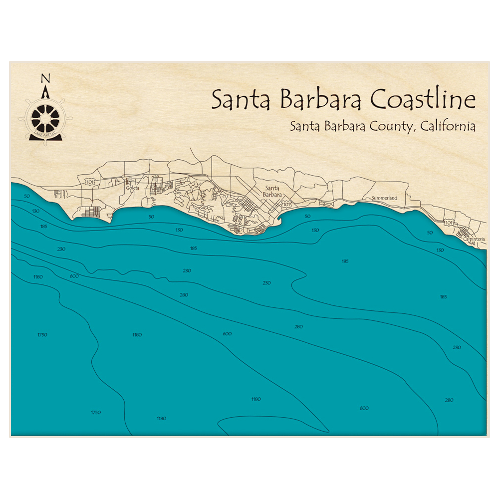 Bathymetric topo map of Santa Barbara Coast (Goleta to Carpinteria) with roads, towns and depths noted in blue water
