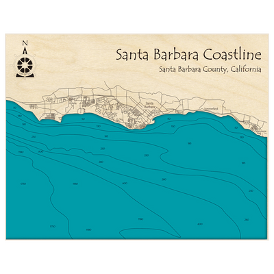 Bathymetric topo map of Santa Barbara Coast (Goleta to Carpinteria) with roads, towns and depths noted in blue water
