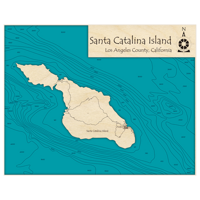 Bathymetric topo map of Santa Catalina Island with roads, towns and depths noted in blue water
