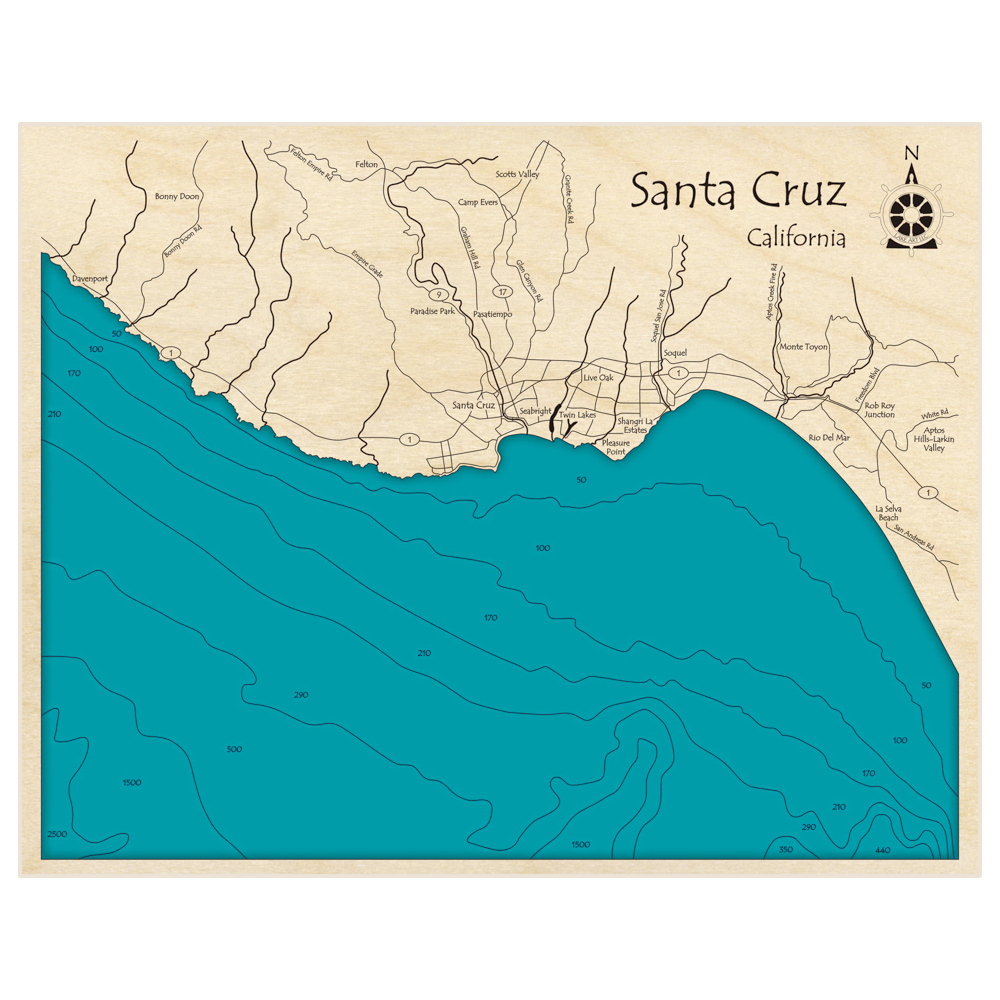 Bathymetric topo map of Santa Cruz with roads, towns and depths noted in blue water