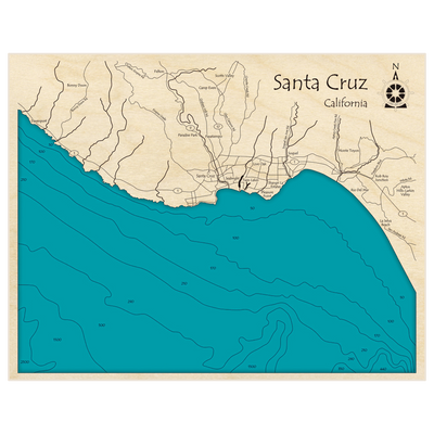 Bathymetric topo map of Santa Cruz with roads, towns and depths noted in blue water