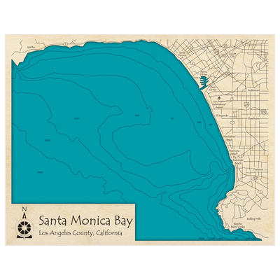 Bathymetric topo map of Santa Monica Bay with roads, towns and depths noted in blue water
