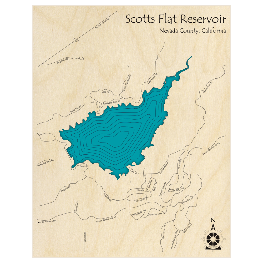 Bathymetric topo map of Scotts Flat Reservoir with roads, towns and depths noted in blue water