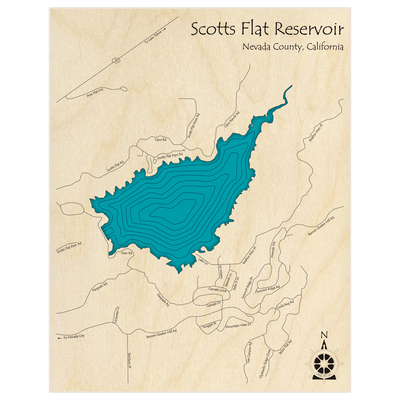 Bathymetric topo map of Scotts Flat Reservoir with roads, towns and depths noted in blue water