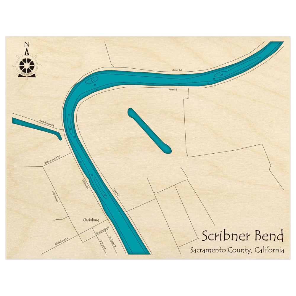 Bathymetric topo map of Sacramento River at Scribner Bend with roads, towns and depths noted in blue water