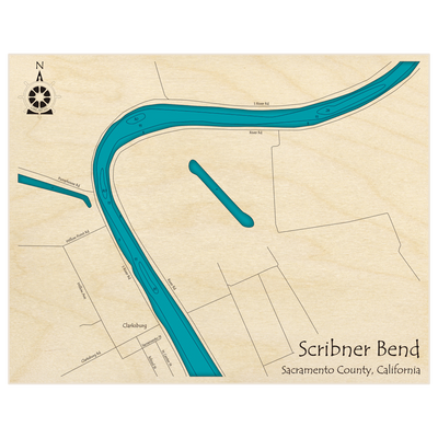 Bathymetric topo map of Sacramento River at Scribner Bend with roads, towns and depths noted in blue water