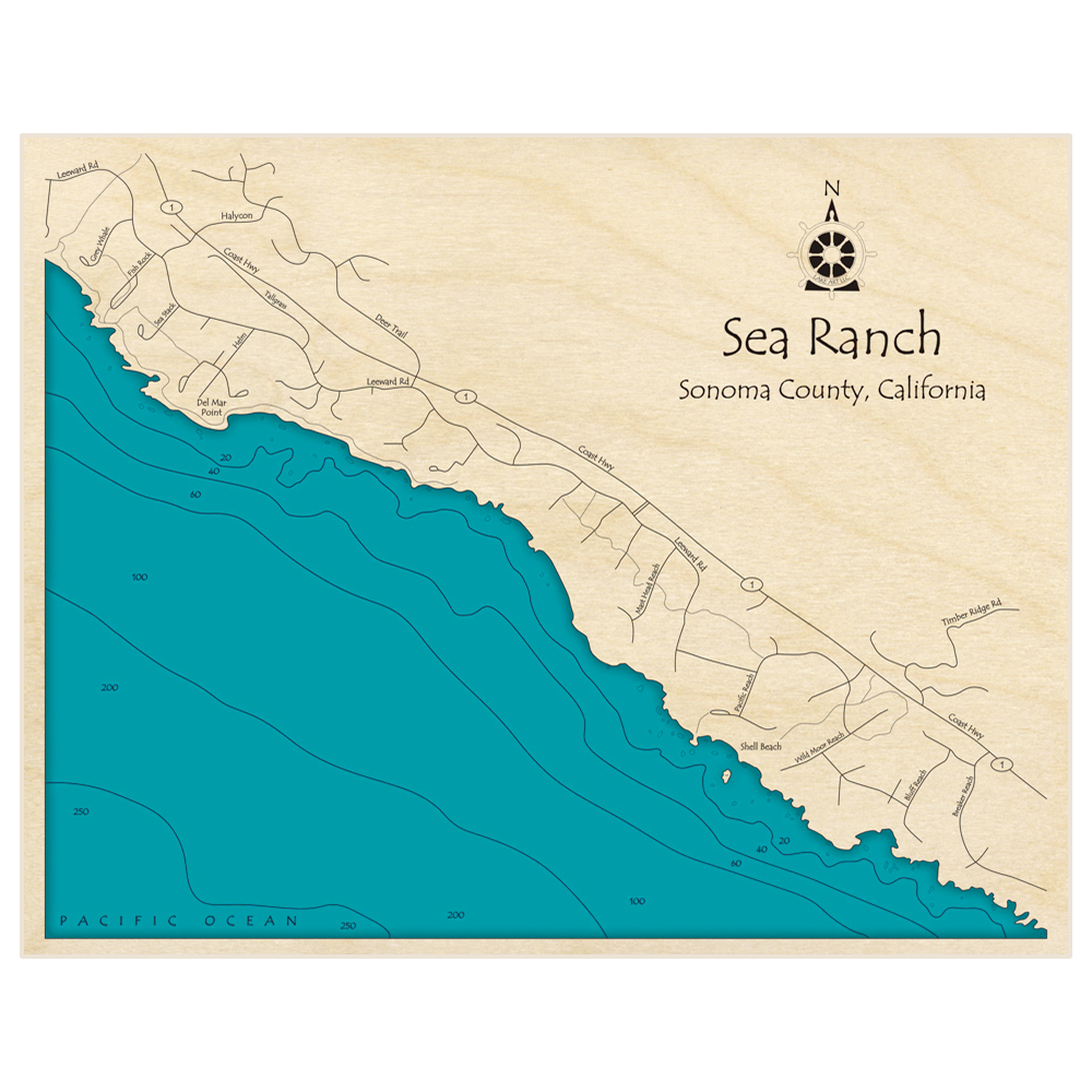 Bathymetric topo map of Sea Ranch with roads, towns and depths noted in blue water