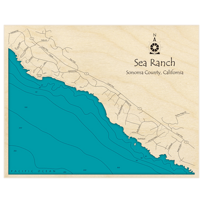 Bathymetric topo map of Sea Ranch with roads, towns and depths noted in blue water