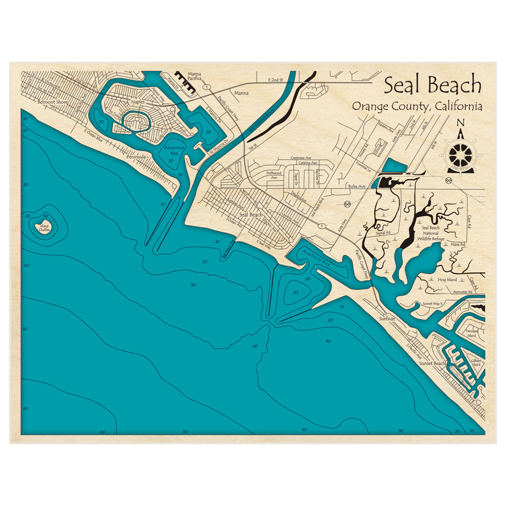 Bathymetric topo map of Seal Beach with roads, towns and depths noted in blue water