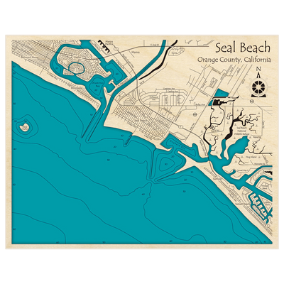 Bathymetric topo map of Seal Beach with roads, towns and depths noted in blue water