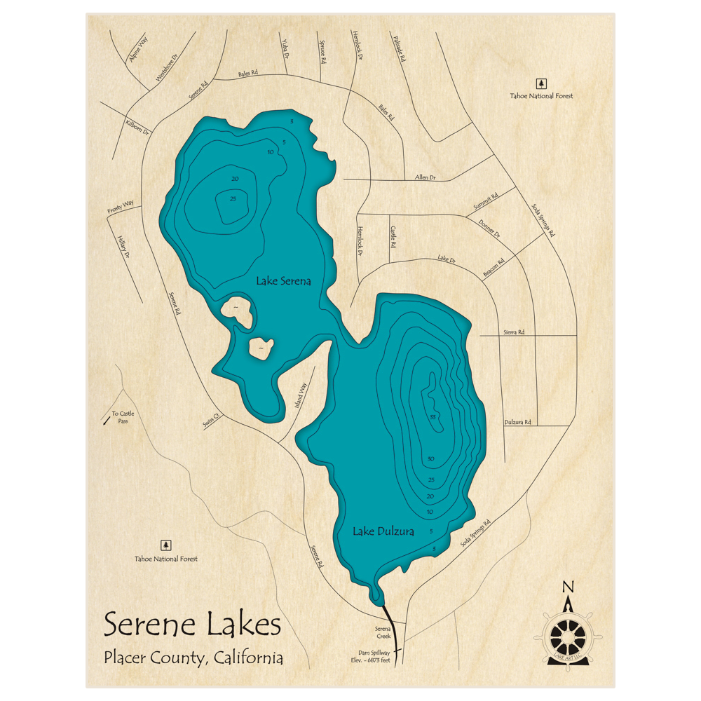 Bathymetric topo map of Serene Lakes (Lakes Serena and Dulzura) with roads, towns and depths noted in blue water