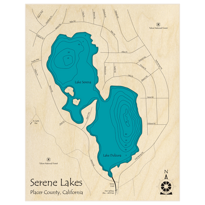 Bathymetric topo map of Serene Lakes (Lakes Serena and Dulzura) with roads, towns and depths noted in blue water