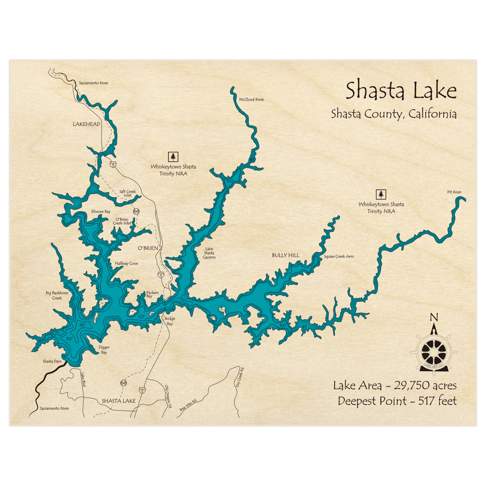 Bathymetric topo map of Shasta Lake with roads, towns and depths noted in blue water
