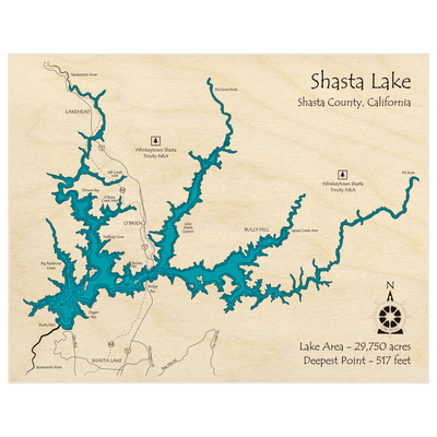 Bathymetric topo map of Shasta Lake with roads, towns and depths noted in blue water