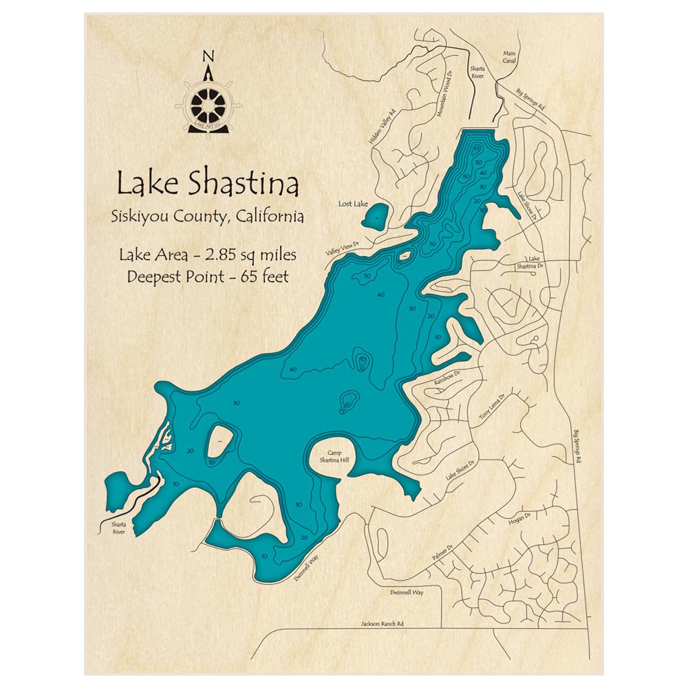 Bathymetric topo map of Lake Shastina with roads, towns and depths noted in blue water