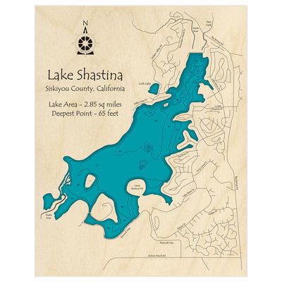 Bathymetric topo map of Lake Shastina with roads, towns and depths noted in blue water