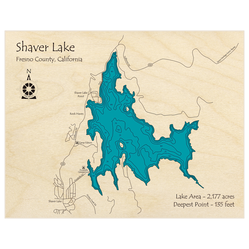 Bathymetric topo map of Shaver Lake with roads, towns and depths noted in blue water