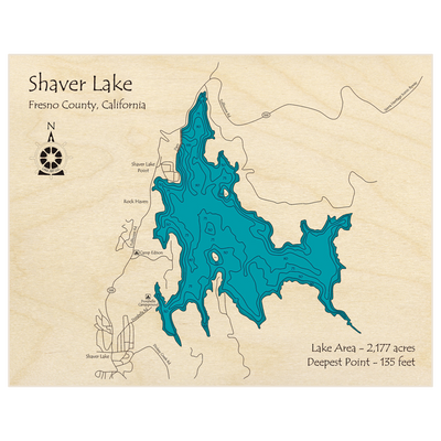 Bathymetric topo map of Shaver Lake with roads, towns and depths noted in blue water