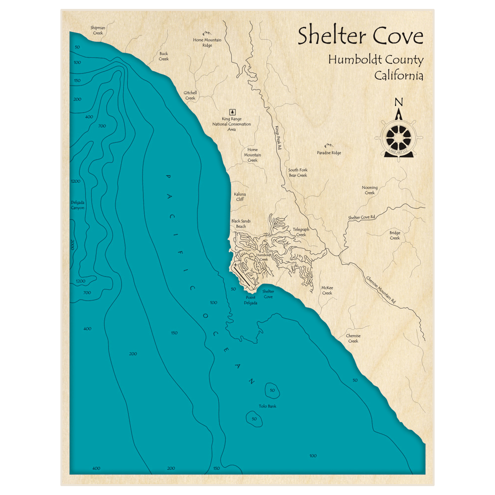 Bathymetric topo map of Shelter Cove with roads, towns and depths noted in blue water