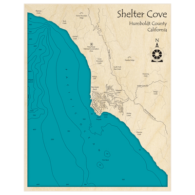 Bathymetric topo map of Shelter Cove with roads, towns and depths noted in blue water