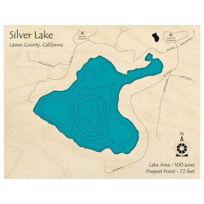 Bathymetric topo map of Silver Lake with roads, towns and depths noted in blue water