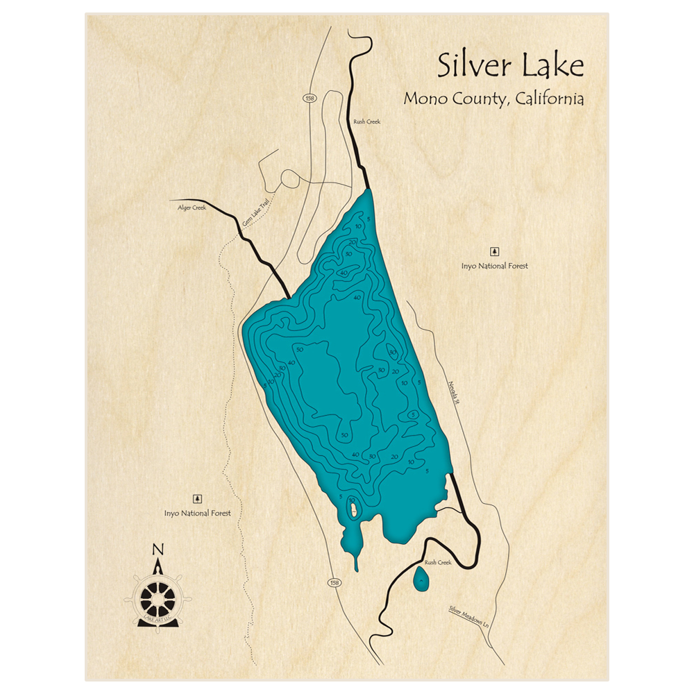Bathymetric topo map of Silver Lake with roads, towns and depths noted in blue water