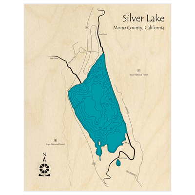 Bathymetric topo map of Silver Lake with roads, towns and depths noted in blue water