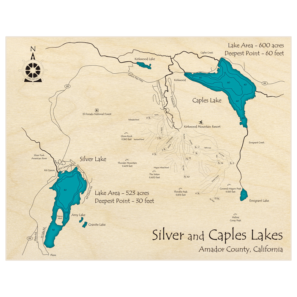 Bathymetric topo map of Silver and Caples Lakes with roads, towns and depths noted in blue water
