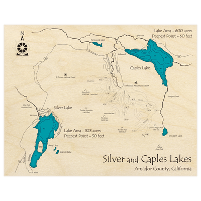 Bathymetric topo map of Silver and Caples Lakes with roads, towns and depths noted in blue water
