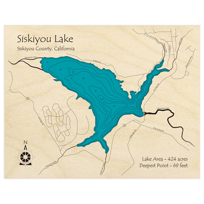Bathymetric topo map of Siskiyou Lake with roads, towns and depths noted in blue water