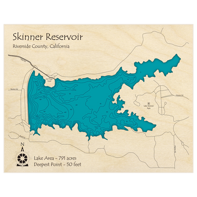 Bathymetric topo map of Skinner Reservoir with roads, towns and depths noted in blue water