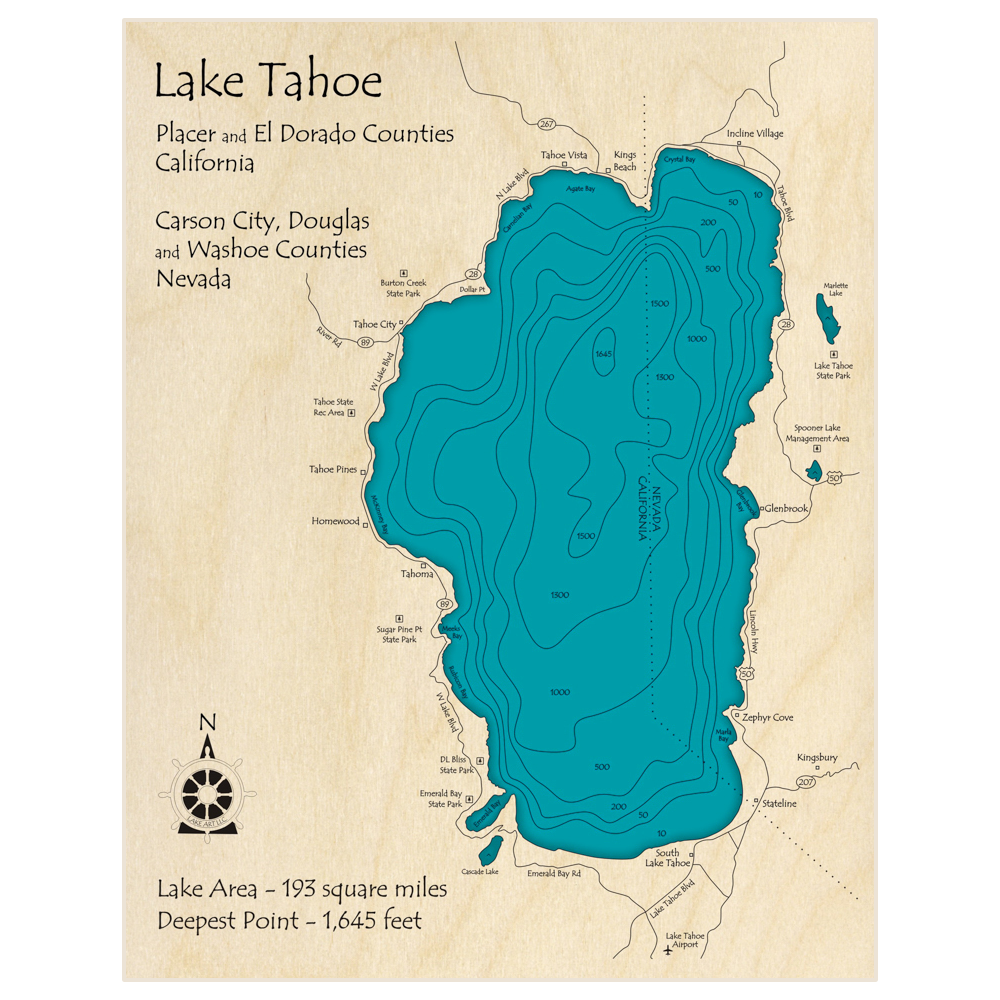 Bathymetric topo map of Lake Tahoe with roads, towns and depths noted in blue water