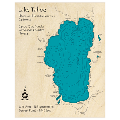 Bathymetric topo map of Lake Tahoe with roads, towns and depths noted in blue water