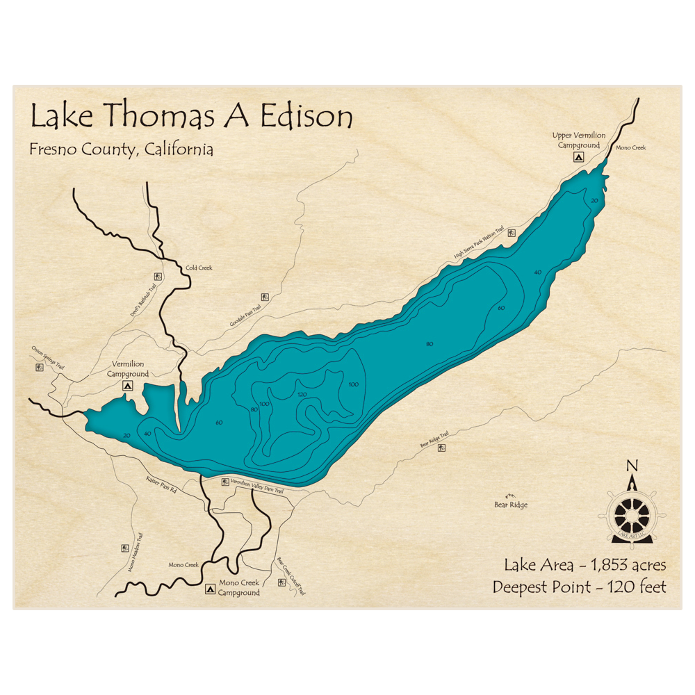 Bathymetric topo map of Lake Thomas A Edison with roads, towns and depths noted in blue water