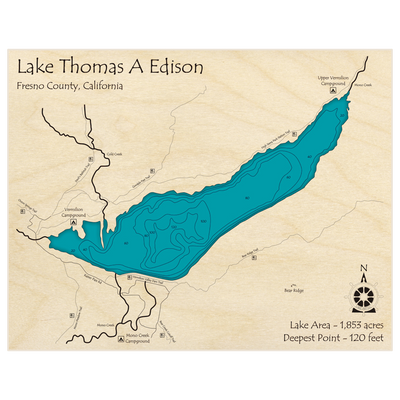 Bathymetric topo map of Lake Thomas A Edison with roads, towns and depths noted in blue water