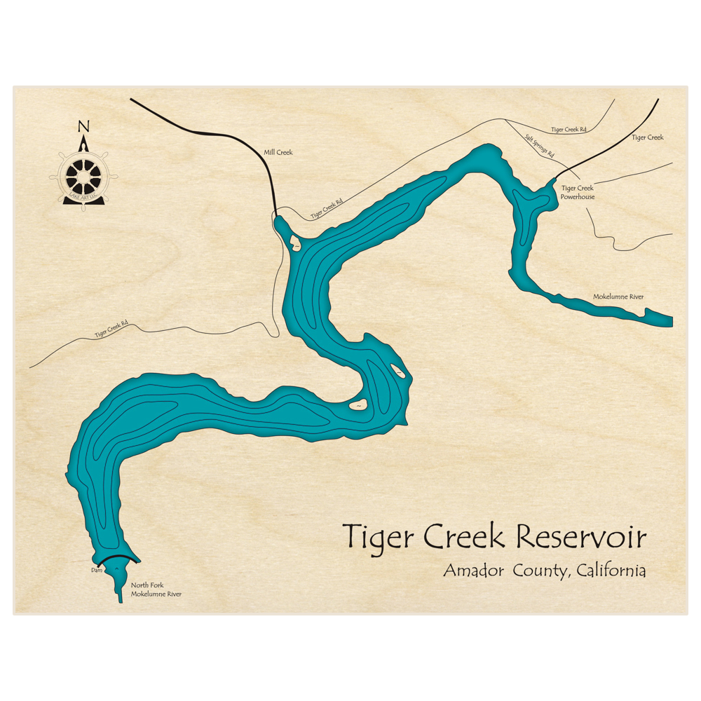 Bathymetric topo map of Tiger Creek Reservoir  with roads, towns and depths noted in blue water