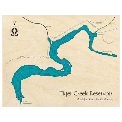 Bathymetric topo map of Tiger Creek Reservoir  with roads, towns and depths noted in blue water